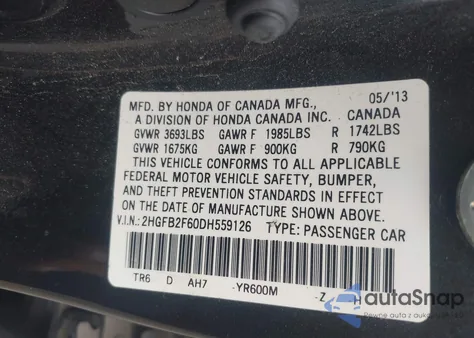 2013 Honda Civic Hf z USA, uszkodzony, nr VIN 2HGFB2F60DH559126